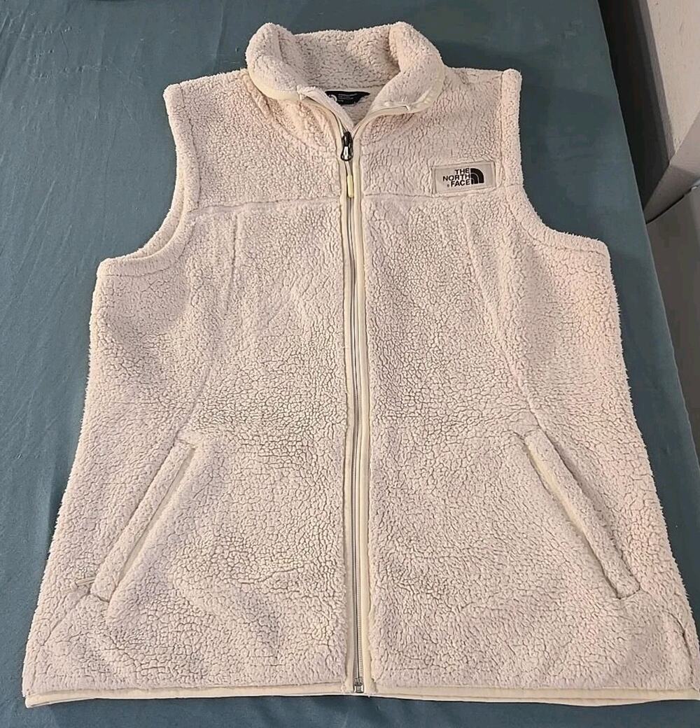 The North Face Womens L Sherpa Fleece Vest Cream Full Zip Pockets Outdoor #0242